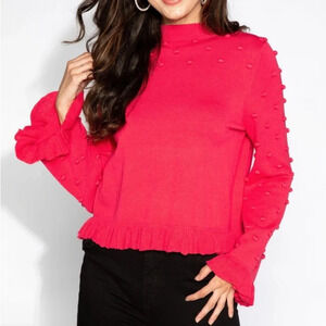S’Edge Pink Pom Pom Ruffle Hems Sweater‎ Size Large